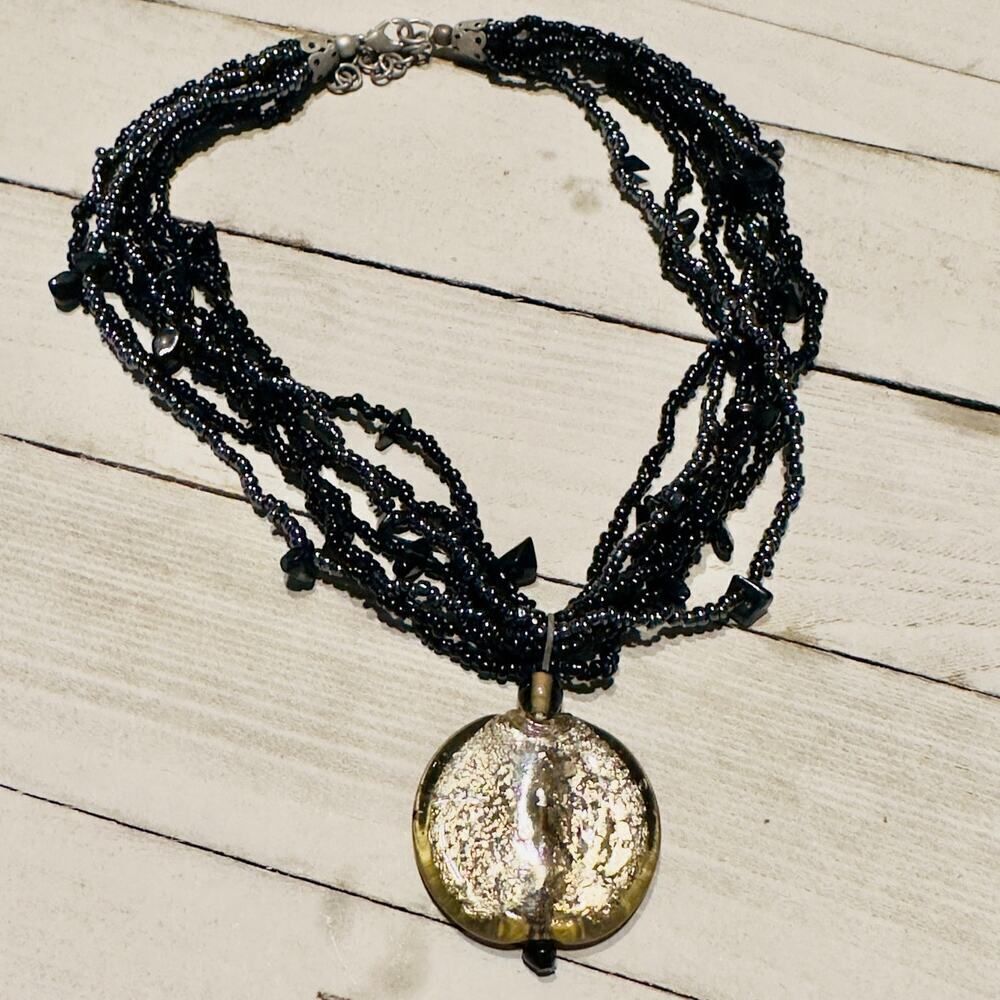 Vintage Black Multi-Strand Seed Bead Necklace with Crackle Glass Disc Pendant
